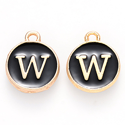 Letter W Golden Plated Enamel Alloy Charms, Enamelled Sequins, Flat Round, Black, Letter.W, 14x12x2mm, Hole: 1.5mm, 100pcs/Box