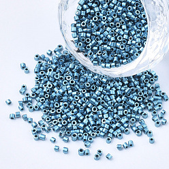 Bleu Acier Perles cylindriques en verre, Perles de rocaille, couleurs métalliques, trou rond, bleu acier, 1.5~2x1~2mm, Trou: 0.8mm, environ 8000 pcs / sachet , environ 85~95 g /sachet 