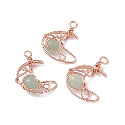 Green Aventurine Natural Green Aventurine Pendants, Moon Charms, with Rack Plating Rose Gold Tone Brass Findings, Cadmium Free & Lead Free, 31.5~33x22x8.5mm, Hole: 2.5~3mm
