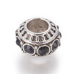Chorro Abalorios europeos de aleación de estilo tibetano, con diamante de imitación, abalorios de grande agujero, Rondana plana, jet, 10~11x7 mm, agujero: 5 mm