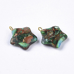 Sea Green Assembled Synthetic Imperial Jasper and Bronzite Pendants, with Golden Tone Iron Loop, Dyed, Star, Sea Green, 23~24x21x5mm, Hole: 2mm