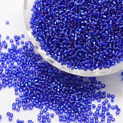Bleu 6/0 rondes perles de rocaille de verre, argent bordée trou carré, couleurs transparentes, bleu, 3.6~4.0mm, trou: 1.2 mm, environ 5000 pièces / livre