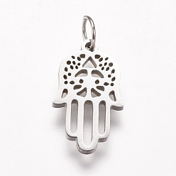 Stainless Steel Color 316 Surgical Stainless Steel Pendants, Hamsa Hand/Hand of Fatima/Hand of Miriam, Stainless Steel Color, 17x10x1.5mm, Hole: 3.5mm