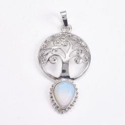 Opalite Brass Pendants, Opalite, Faceted, Hollow Flat Round with Tree of Life and Teardrop, Platinum, 49x27x6mm