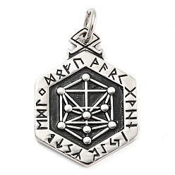 Antique Silver 316L Surgical Stainless Steel Pendants, with Jump Ring, Hexagon with Viking Rune Charm, Antique Silver, 43.5x31x3mm