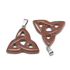Goldstone Synthetic Goldstone Pendants, with Stainless Steel Snap On Bails, Trinity Knot/Triquetra, Irish, 23~40x33~38x5~7mm, Hole: 6x4mm