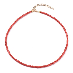 Red Round Opaque Colours Glass Seed Beaded Necklaces, with Alloy Lobster Claw Clasps, Golden, Red, 15.07 inch(38.5cm)