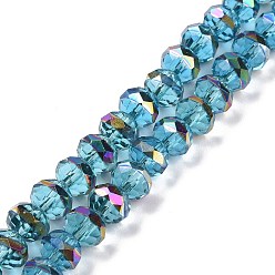 Deep Sky Blue Transparent Electroplate Glass Beads Strands, Faceted, Rondelle, Half Rainbow Plated, Deep Sky Blue, 7.5~8x6.5~7mm, Hole: 1.4mm, about 65pcs/strand, 16.77 inch(42.6cm)