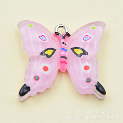 Pink Transparent Resin Pendants, with Platinum Tone Iron Loops, Butterfly Charms, Pink, 23x24.5x5mm, Hole: 2mm