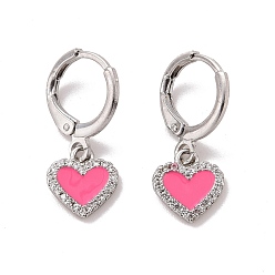 Platine Boucles d'oreilles pendantes en forme de cœur avec zircone cubique transparente et émail rose, bijoux en laiton de placage de rack pour les femmes, sans cadmium et sans plomb, platine, 22.5mm, pin: 0.8 mm