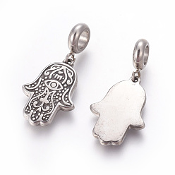 Antique Silver 304 Stainless Steel Pendants, Large Hole Pendants, Hamsa Hand/Hand of Fatima/Hand of Miriam with Eye, Antique Silver, 34.5mm, Hole: 5.2mm, Pendant: 23x16.5x2.3mm