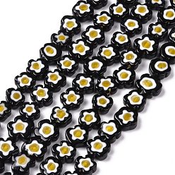 Negro Hilos de perlas de vidrio millefiori artesanal, flor, negro, 10~12x2.6 mm, agujero: 1 mm, sobre 42 unidades / cadena, 15.75'' (40 cm)