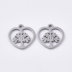 Stainless Steel Color 201 Stainless Steel Charms, Heart with Tree of Life, Stainless Steel Color, 10x10x1mm, Hole: 1mm