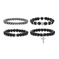 Mixed Color 4Pcs 4 Style Natural Eyeless Obsidian & Lava Rock Beaded Bracelets Set, Cubic Zirconia Cross Charms Stackable Bracelets for Women, Mixed Color, Inner Diameter: 2-1/8~2-3/8 inch(5.45~6.1cm), 1Pc/style