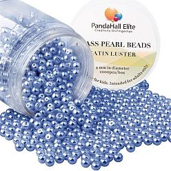 Bleu Ardoise Foncé Perle ronde en verre teinté écologique nacré, bleu foncé, 4~4.5mm, trou: 0.7~1.1 mm, environ 1000 / boîte
