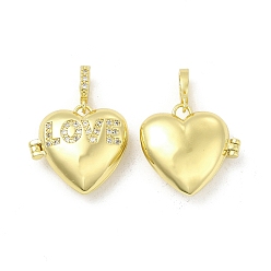 Light Gold Colgantes de medallón de latón con micro circonitas transparentes de latón, corazón con amuletos de amor de la palabra, la luz de oro, 20x21x7.5 mm, agujero: 5.5x3 mm