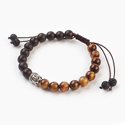 Œil De Tigre Bracelets tressés en oeil de tigre naturel, bracelet en nylon avec nœud carré, avec des perles en bois de santal naturel et des perles en alliage de style tibétain, tête de bouddha, 2-1/4 pouces (5.7 cm) ~3-1/2 pouces (8.9 cm)