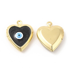 Black Brass Enamel Locket Pendants, Real 18K Gold Plated, Long-Lasting Plated, Heart with Evil Eye, Black, 21x17x5mm, Hole: 1.4mm, Inner Diameter: 9.5x10mm