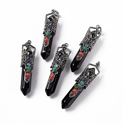 Obsidian Natural Obsidian Big Pendants, 7 Chakra Faceted Bullet Charms, with Rack Plating Antique Silver Tone Alloy Crown Findings, Cadmium Free & Lead Free, 84x20x19.5mm, Hole: 8x5mm