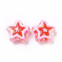 Pink UV Plating Rainbow Iridescent Acrylic Beads, with Enamel, Star, Pink, 19x20x9mm, Hole: 2mm