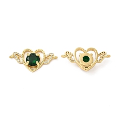 Dark Green Rack Plating Brass Micro Pave Clear Cubic Zirconia Connector Charms, Heart with Wing Links, with Faceted Glass, Cadmium Free & Lead Free, Real 18K Gold Plated, Dark Green, 14.3x28.5x6mm, Hole: 1.2mm