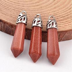 Goldstone Bullet Synthetic Goldstone Pendants, with Platinum Tone Alloy Findings, 33~40x8~10mm, Hole: 3x2mm
