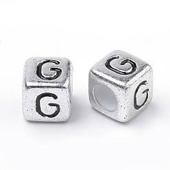 Letter G Plated Acrylic Beads, Horizontal Hole, Cube with Letter, Antique Silver, Letter.G, 6mm, Hole: 3mm, about 3000pcs/500g