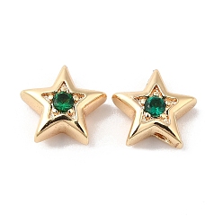 Green Brass with Cubic Zirconia Beads Beads, Real 18K Gold Plated, Star, Green, 7.5x8x3mm, Hole: 1mm