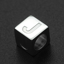 Letter J 201 Stainless Steel European Beads, Large Hole Beads, Horizontal Hole, Cube, Stainless Steel Color, Letter.J, 7x7x7mm, Hole: 5mm