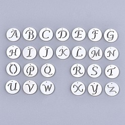 Letter Natural Freshwater Shell Charms, Flat Round with Hollow Out Letter, Random Mixed Letters, 14.5x1.5mm, Hole: 0.9mm