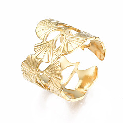 Золотой 304 открытое манжетное кольцо из нержавеющей стали с листьями гинкго, массивное полое кольцо для женщин, золотые, размер США 6 3/4 (17.1 мм)