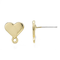 Light Gold Alloy Stud Earring Findings, with Loop and Steel Pin, Heart with Plastic Protective Sleeve, Light Gold, 11.5x10.5mm, Hole: 1.4mm, Pin: 0.7mm