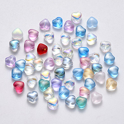 Color mezclado Perlas de vidrio pintado en aerosol transparente, corazón, estilo mezclado, color mezclado, 6x6x4 mm, agujero: 0.7 mm