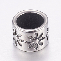 Antique Silver 304 Stainless Steel Beads, Column with Flower, Antique Silver, 11x8.5mm, Hole: 8mm