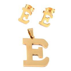Letter E 304 pendentifs en acier inoxydable et des boucles d'oreilles ensembles de bijoux, alphabet, letter.e, 20~23x13~19x1.5mm, trou: 6x3 mm, 6~10x6~9x1 mm, pin: 0.8 mm
