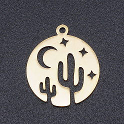 Golden 201 Stainless Steel Laser Cut Pendants, Flat Round with Cactus, Golden, 20.5x18x1mm, Hole: 1.4mm