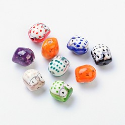 Mixed Color Handmade Porcelain Beads, Famille Rose Porcelain, Owl, Mixed Color, 17x15x13mm, Hole: 3mm