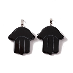 Obsidienne Pendentifs en obsidienne naturelles, charme de la main hamsa, avec les accessoires en laiton de tonalité de platine, 40.5x34.5x7mm, Trou: 7.7x5mm
