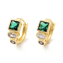 Real 18K Gold Plated Green Cubic Zirconia Square Hoop Earrings, Rack Plating Brass Jewelry for Women, Cadmium Free & Nickel Free & Lead Free, Real 18K Gold Plated, 14x16.5x2.5mm, Pin: 0.8mm