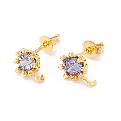 Purple Rack Plating Brass Cubic Zirconia Stud Earrings Findings, Real 18K Gold Plated, with Hook, Cadmium Free & Lead Free, Crown, Purple, 9x7mm, Hole: 1.6mm, Pin: 1mm