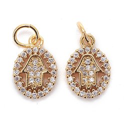 Golden Brass Micro Pave Clear Cubic Zirconia Charms, Long-Lasting Plated, with Jump Ring, Oval with Hamsa Hand, Golden, 12x8.5x2mm, Jump Ring: 5x1mm, 3mm Inner Diameter