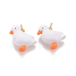 White Rack Plating Brass Enamel Charms, with Jump Rings, Cadmium Free & Lead Free & Nickle Free, Real 18K Gold Plated, Duck, White, 11x13x7mm, Hole: 2.4mm