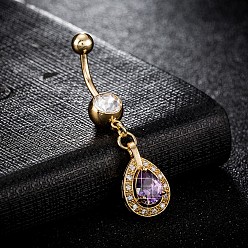 Purple Piercing Jewelry, Eco-Friendly Brass Cubic Zirconia Navel Ring, Belly Rings, with 304 Stainless Steel Bar, teardrop, Real 18K Gold Plated, Purple, 47x10mm, Bar: 15 Gauge(1.5mm), Bar Length: 3/8"(10mm)