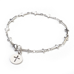 Stainless Steel Color 304 Stainless Steel Charm Bracelets, Flat Round with Cross, Stainless Steel Color, 7-7/8 inch(20cm), Charm: 14x12x1mm