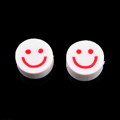 Crimson Handmade Polymer Clay Beads, Flat Round with Smiling Face, Crimson, 9~10x4mm, Hole: 1.2~1.6mm