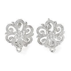 Platinum Flower Brass Micro Pave Cubic Zirconia Stud Earrings Finding, with Horizontal Loops, Cadmium Free & Lead Free, Platinum, 18x15mm, Hole: 1.2mm, Pin: 0.8mm