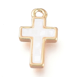 White Shell Natural White Shell Mother of Pearl Shell Charms, with Brass Findings, Cross, Golden, 12x7x2.4mm, Hole: 1.2mm