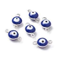 Dark Blue 925 Sterling Silver Plated Brass Enamel Connector Charms, Flat Round with Evil Eye, Dark Blue, 12x6.5x4mm, Hole: 1mm