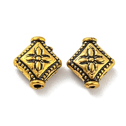 Antique Golden Tibetan Style Alloy Beads, Lead Free & Cadmium Free, Rhombus with Flower, Antique Golden, 10x9x4mm, Hole: 1mm, about 1136pcs/1000g