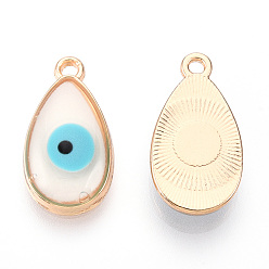 White Rack Plating Alloy Resin Pendants, with Enamel, Teardrop with Evil Eye Charm, Light Gold, Cadmium Free & Nickel Free & Lead Free, White, 21x11.5x4mm, Hole: 1.6mm